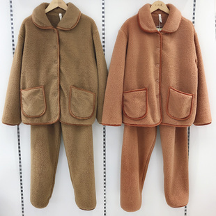 多拉美冬款加厚小翻领纯色简约复合绒女士保暖睡衣家居服套L43231
