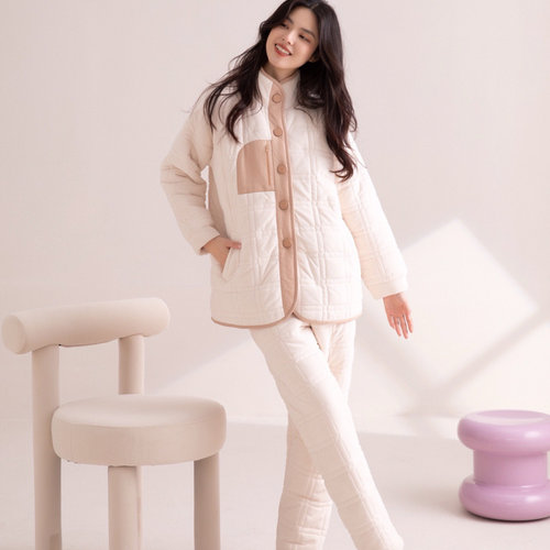 专柜安杜拉冬女士 立领对襟贝贝绒夹棉加厚简约睡衣家居服套36049