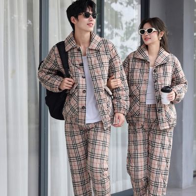 多拉美 冬季男女情侣格子外穿休闲梭织加厚夹棉睡衣家居服2553212