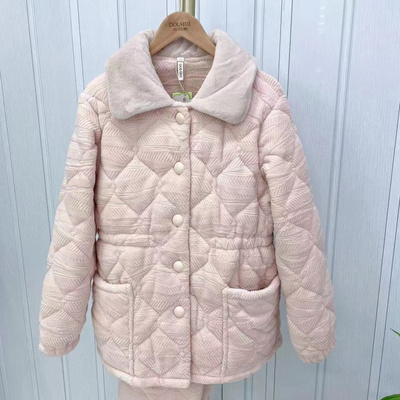 多拉美冬款女士 加厚翻领纯色简牛奶绒收腰保暖睡衣家居服套53285