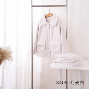 专柜高货 安杜拉冬女士翻领兔毛绒加厚加绒简约睡衣家居服套34087
