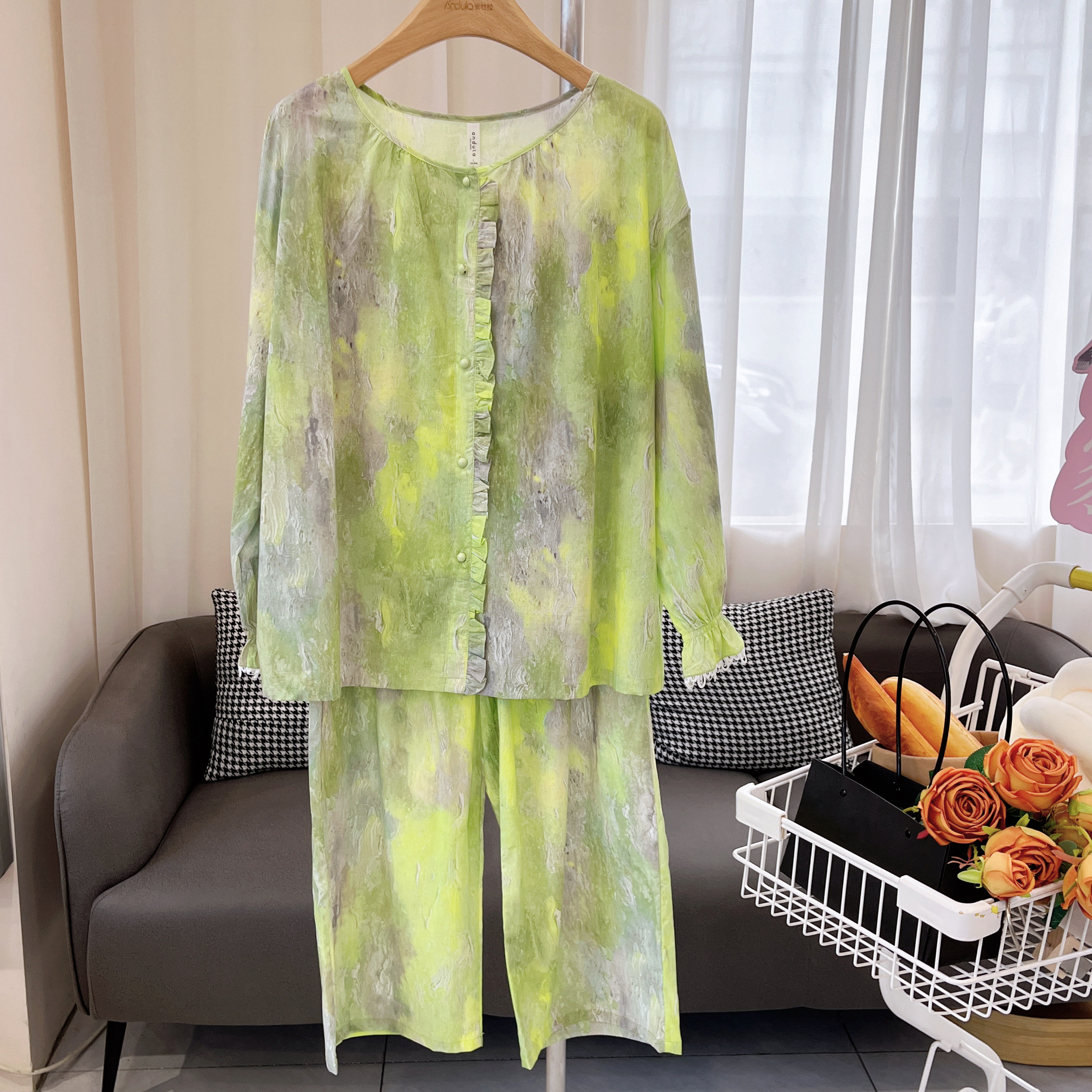 安杜拉 女士春季长袖圆领开衫时尚薄款纯棉透气家居服睡衣套61329