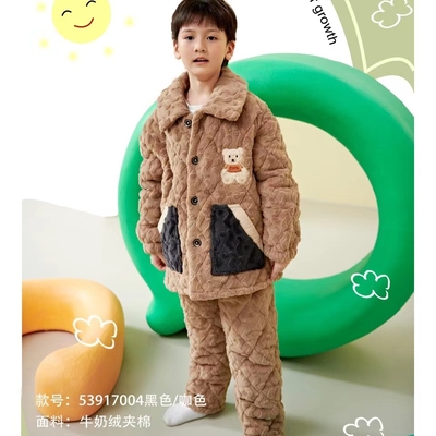 亲情冬男童立领拉链牛奶绒夹棉加厚加绒可爱睡衣家居服套53917004