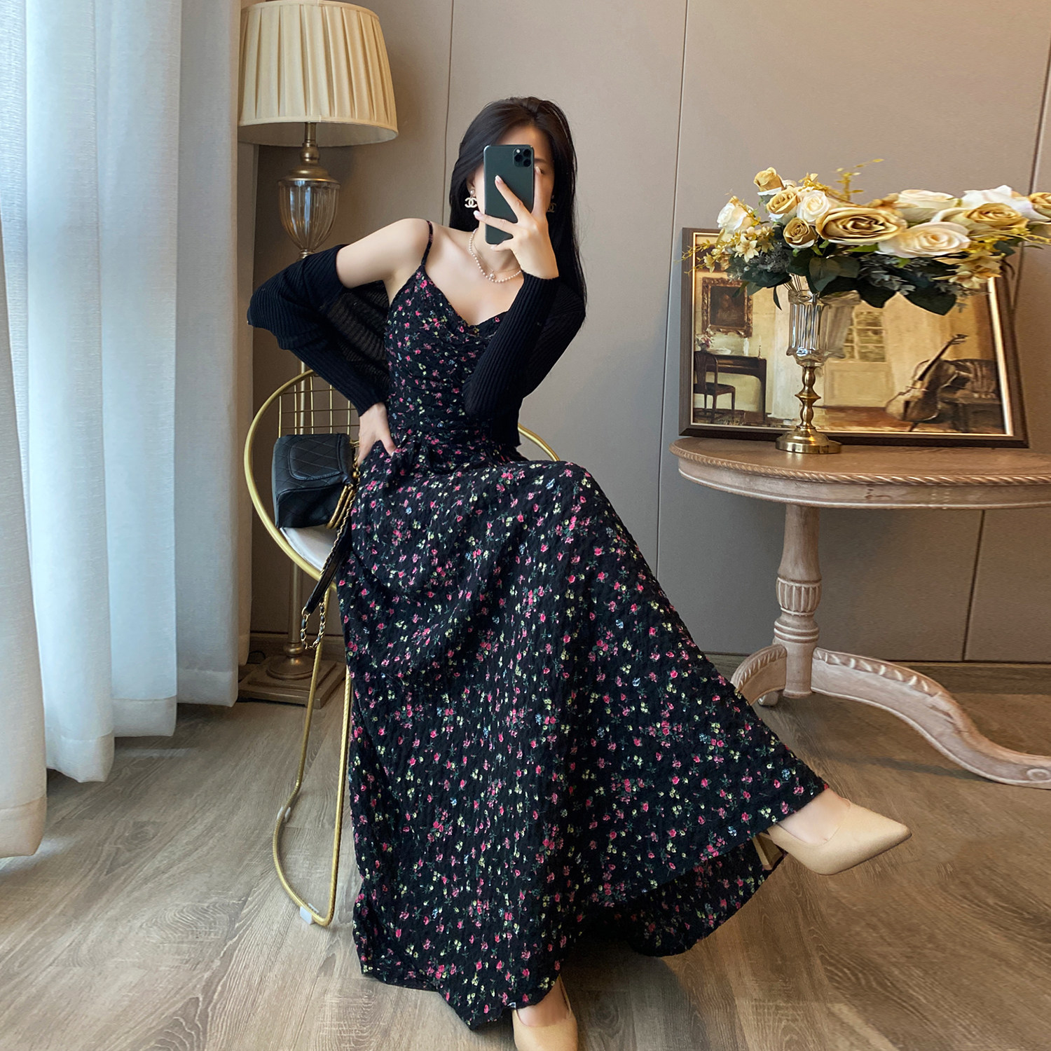 碎花裙吊带连衣裙女春装新款法式复古两件套装小众高级感气质长裙