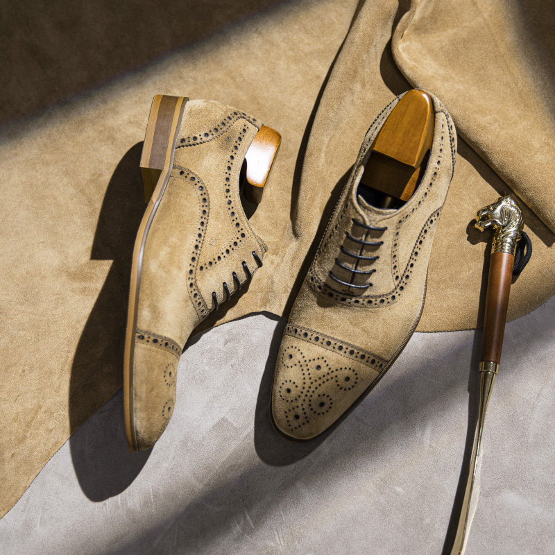 真皮英伦复古三接头布洛克牛津鞋男反绒皮尖头正装手工皮鞋磨砂皮