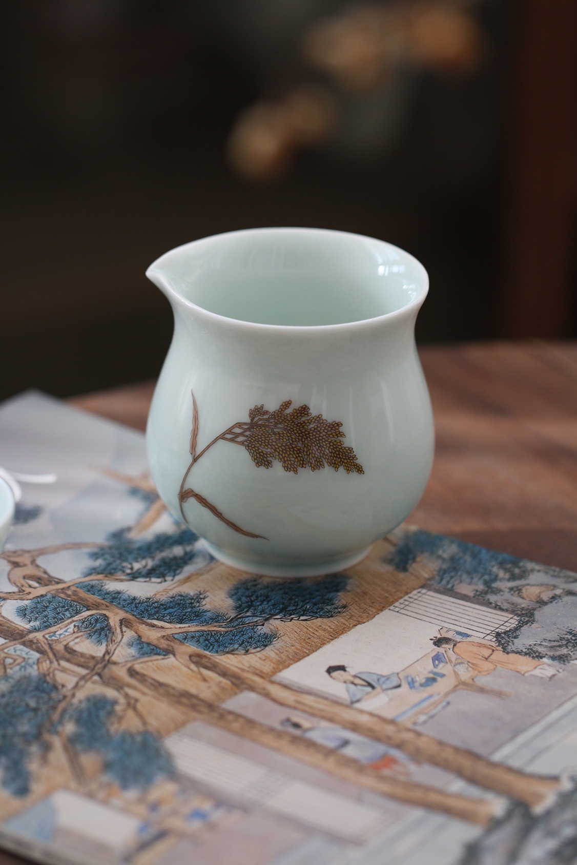 半闲甄选台湾知名茶器品牌竹君早期青釉手绘金麦穗公道杯茶海茶器