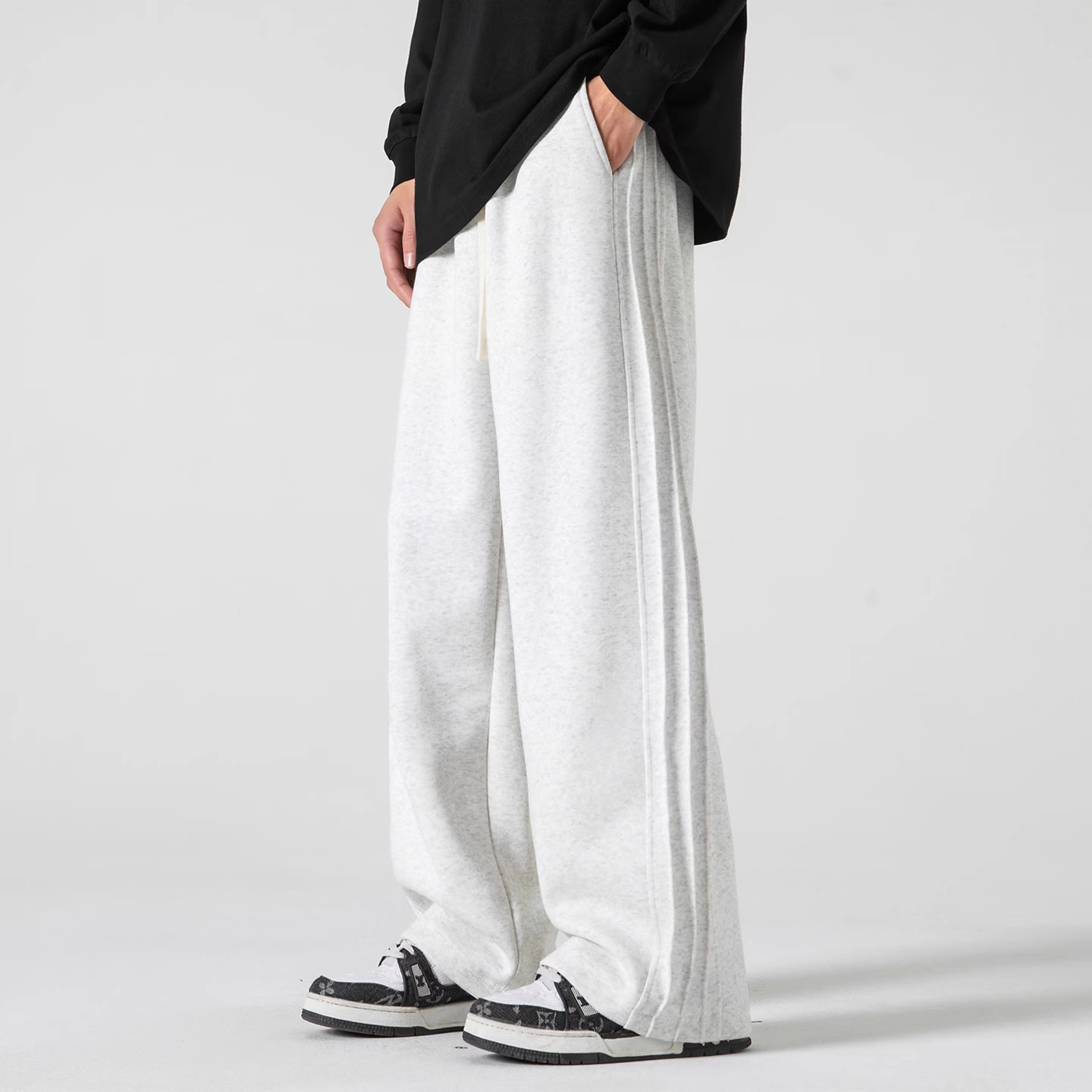 WOODSOON秋冬新款针织裤男士潮流百搭直筒裤阔腿纯色宽松休闲裤子