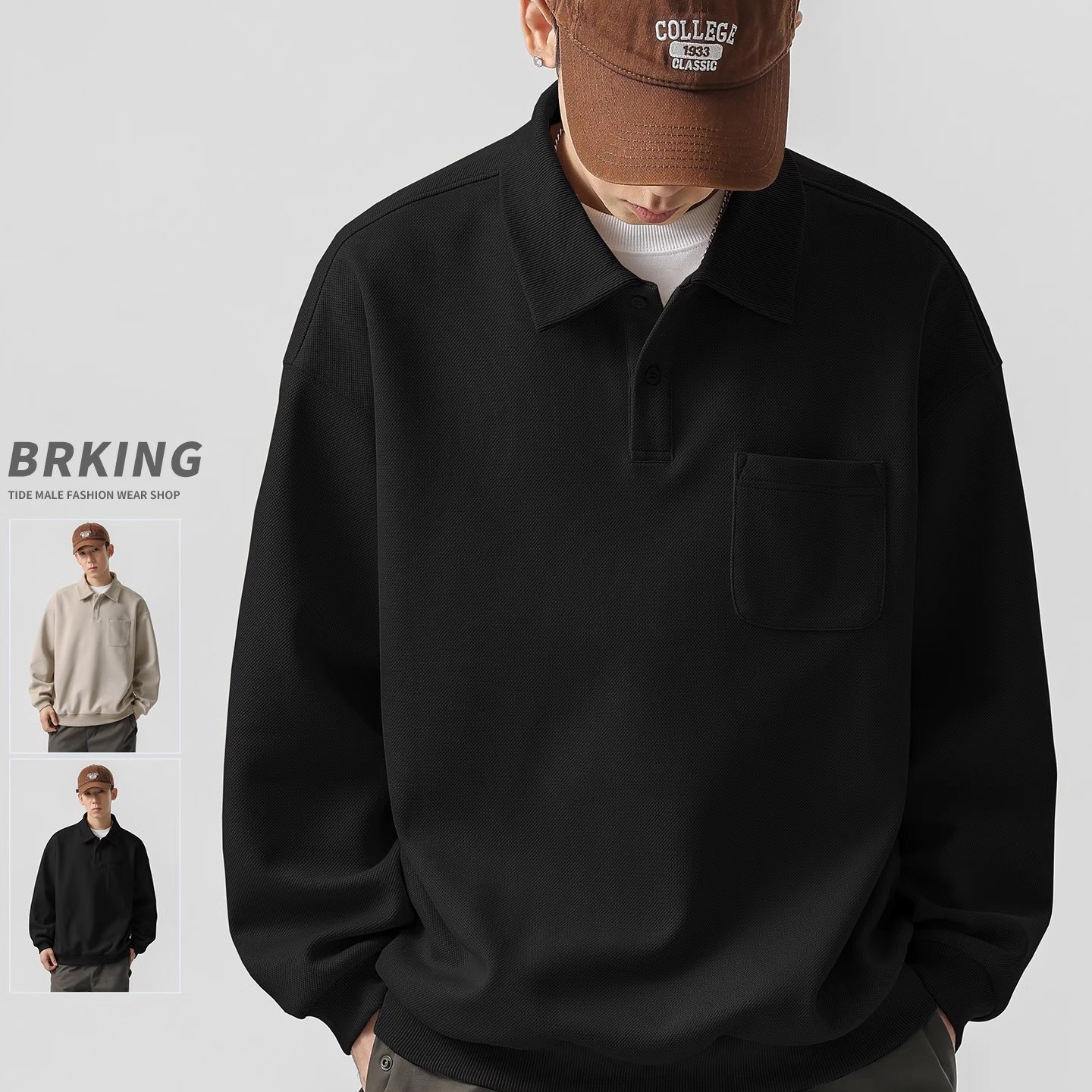 WOODSOON美式翻领卫衣男士2025秋冬新款宽松潮牌老钱风长袖POLO衫