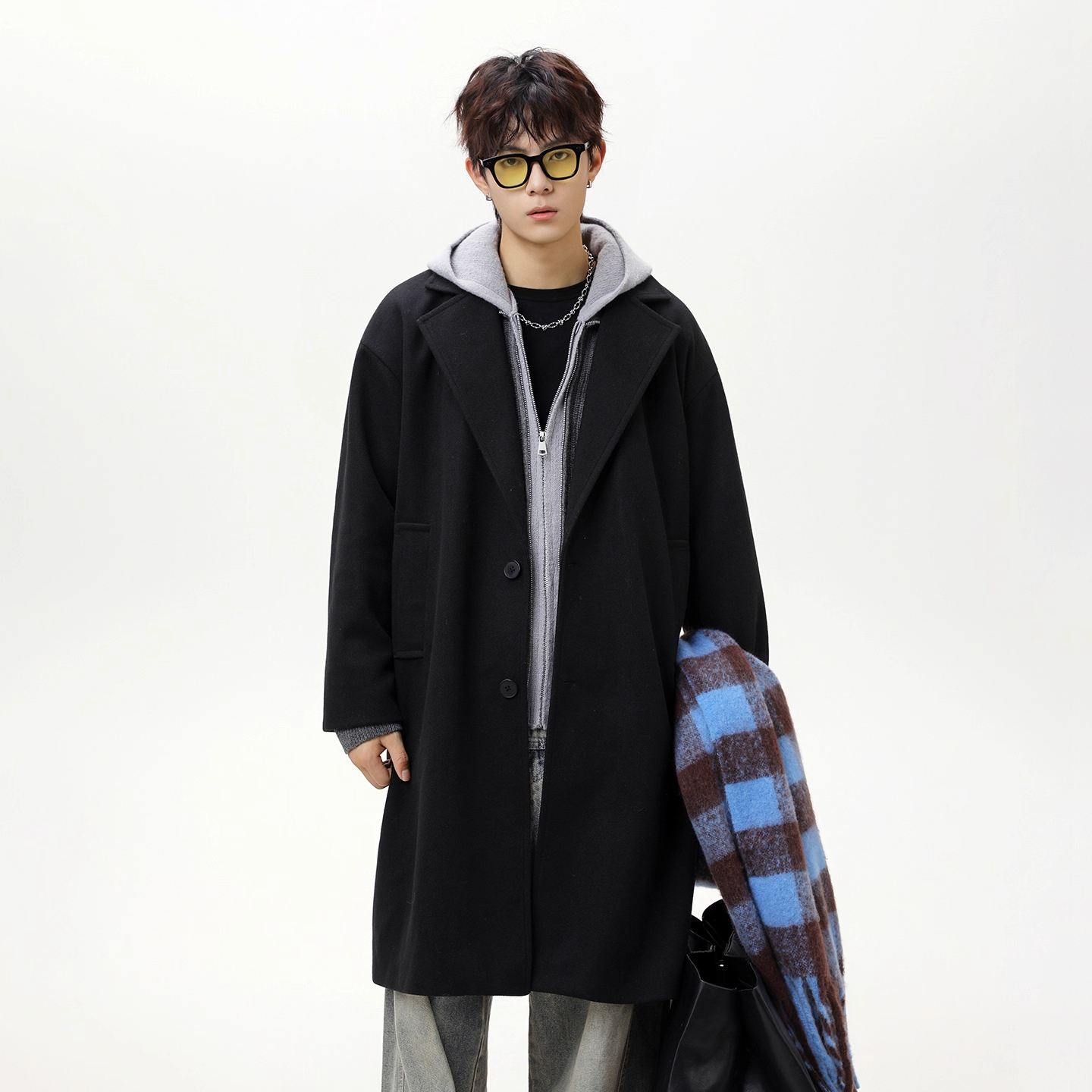 WOODSOON毛呢大衣秋冬季潮流宽松保暖男户外防风防寒长款翻领外套