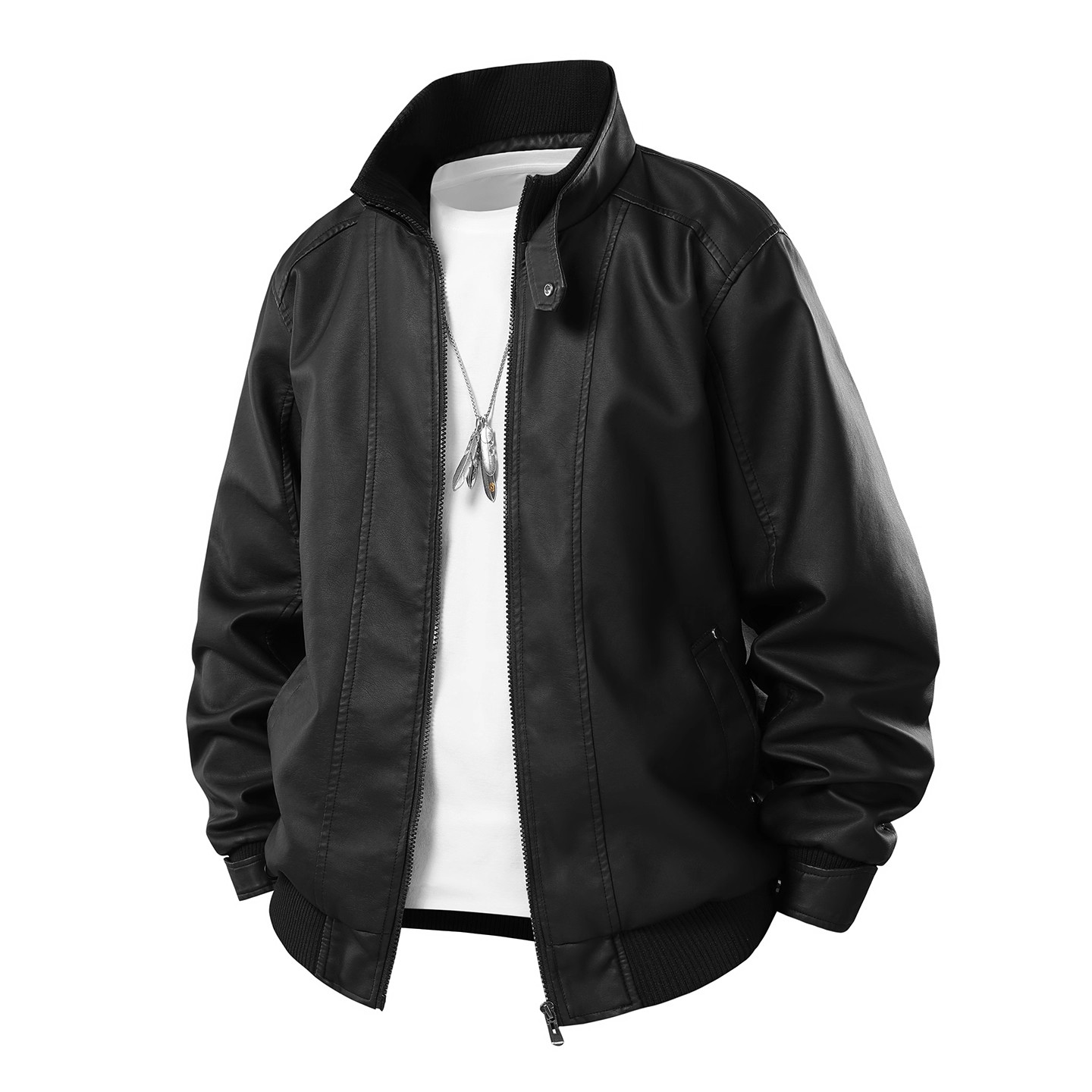 立领皮衣夹克时尚宽松休闲男士秋冬新款宽松机车潮流外套