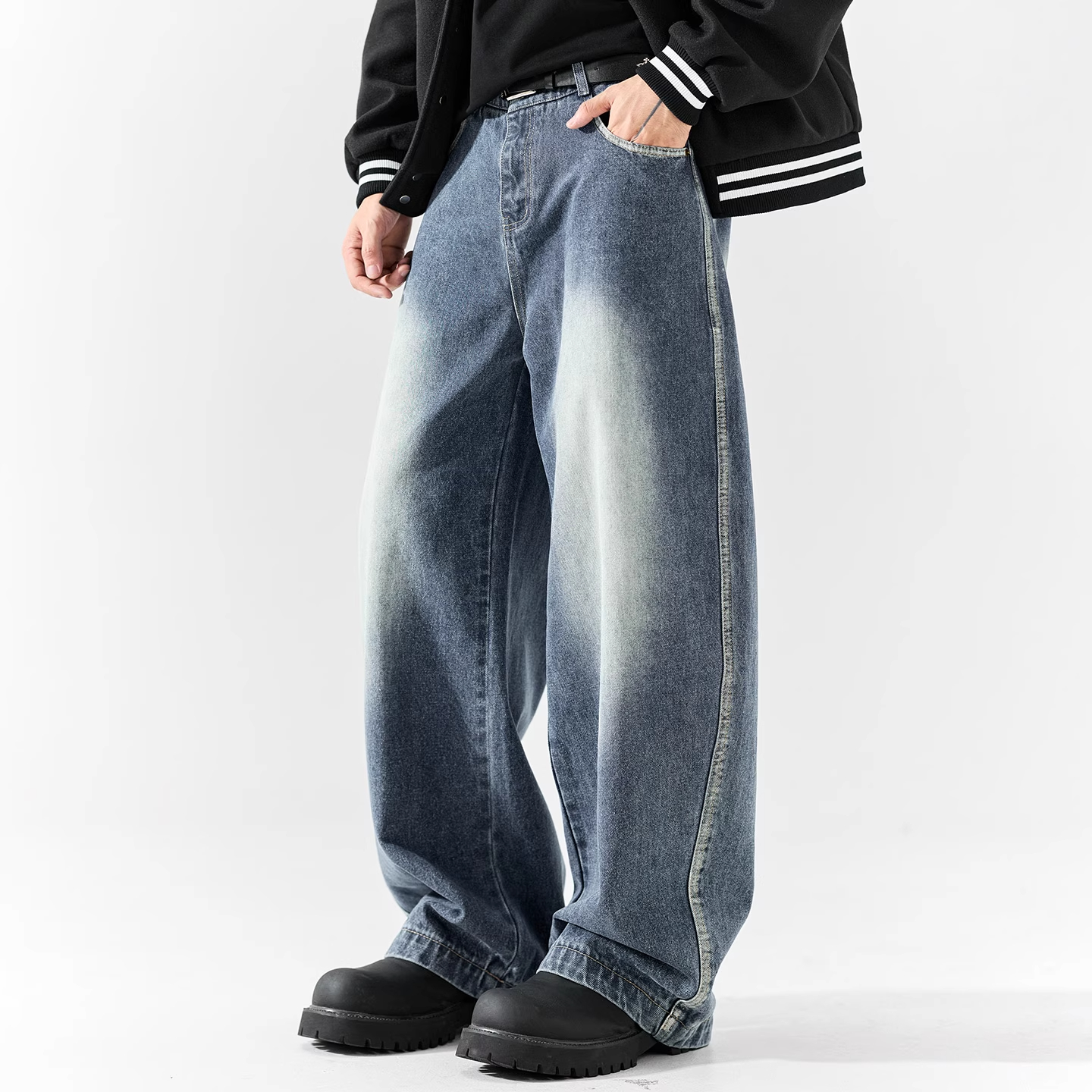 WOODSOON美式复古做旧牛仔裤秋冬新款宽松潮牌男士休闲直筒阔腿裤