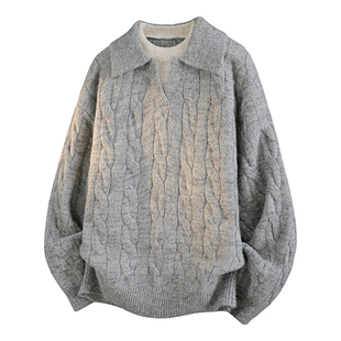 假两件翻领针织衫上衣宽松休闲秋冬新款时尚潮流男士毛衣