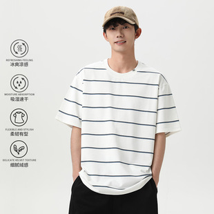 条纹T恤男款夏季圆领宽松短袖基础款潮流百搭半袖体恤衫