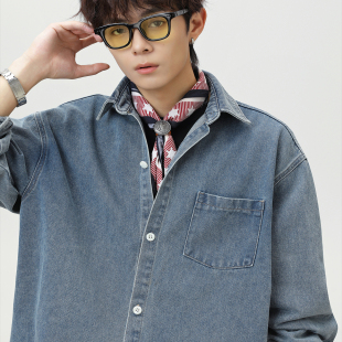 WOODSOON男生水洗牛仔衬衫宽松休闲长袖上衣2025秋冬新款衬衣外套