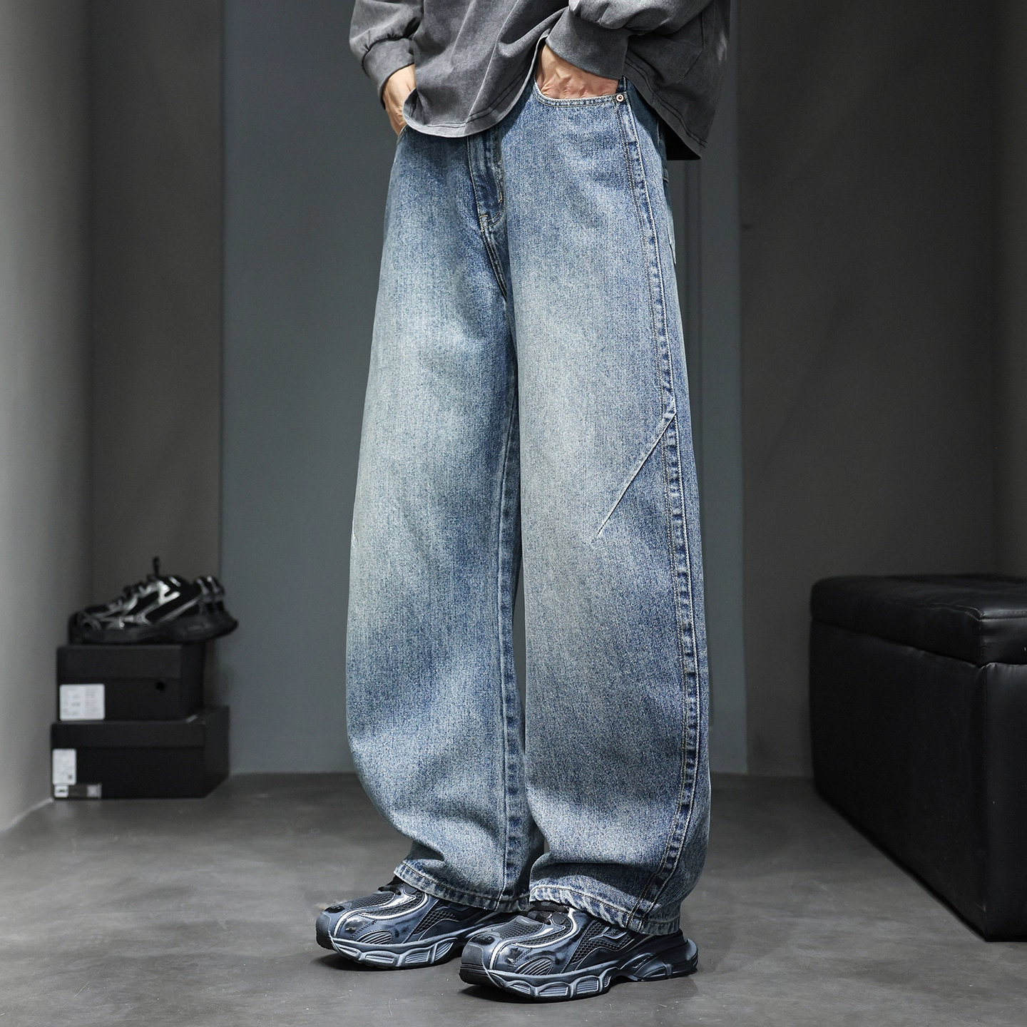 WOODSOON男士弯刀牛仔裤秋冬新款时尚美式潮牌复古宽松休闲阔腿裤