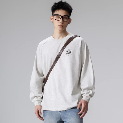 WOODSOON男士T恤长袖宽松圆领潮牌日系春季纯棉休闲圆领打底衫