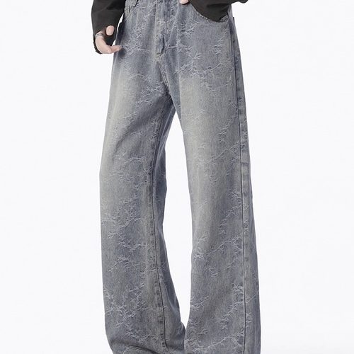 荆棘提花潮牌牛仔裤宽松休闲秋冬季美式复古男阔腿微喇裤