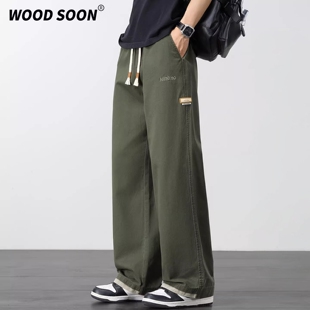 WOODSOON潮牌字母刺绣宽松直筒休闲裤男士春季时尚阔腿抽绳长裤子