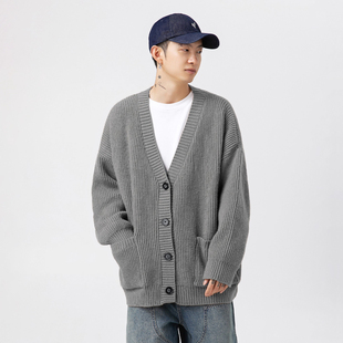 开衫V领毛衣外套潮牌百搭秋冬季宽松休闲男士简约针织衫