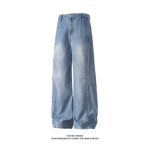 阔腿牛仔裤秋冬新款美式潮牌宽松休闲男士直筒弯刀长裤子