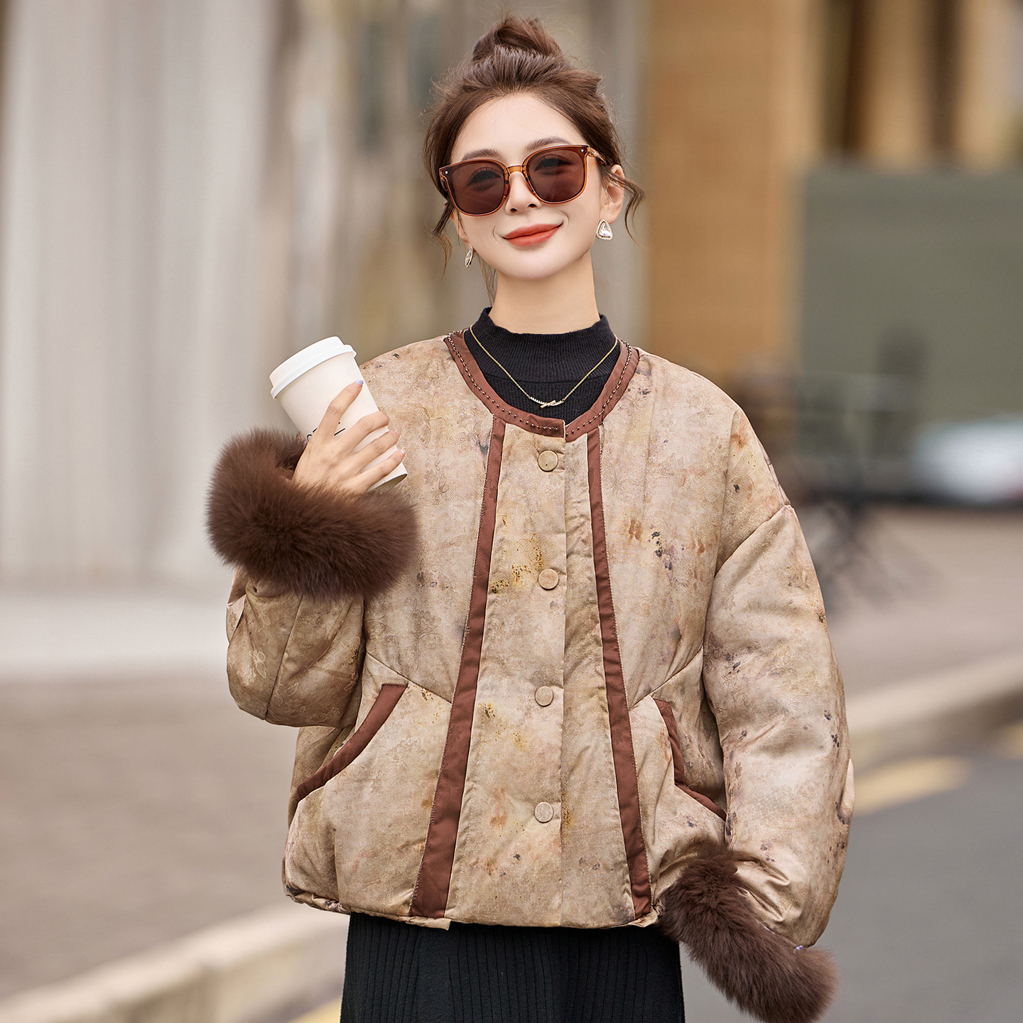 新中式真狐狸毛袖口拼接短款羽绒服女冬装新款加厚保暖白鸭绒外套