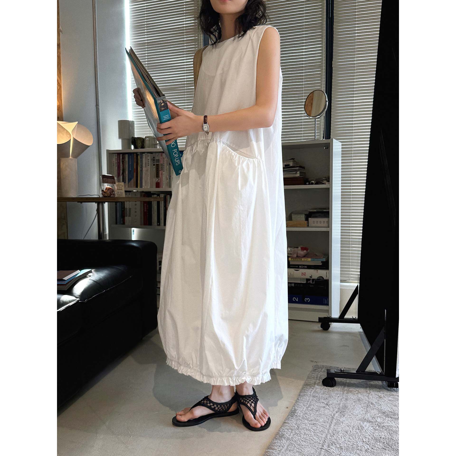 春款日系甜酷俏皮风圆领袖花苞连衣裙宽松减龄长裙女