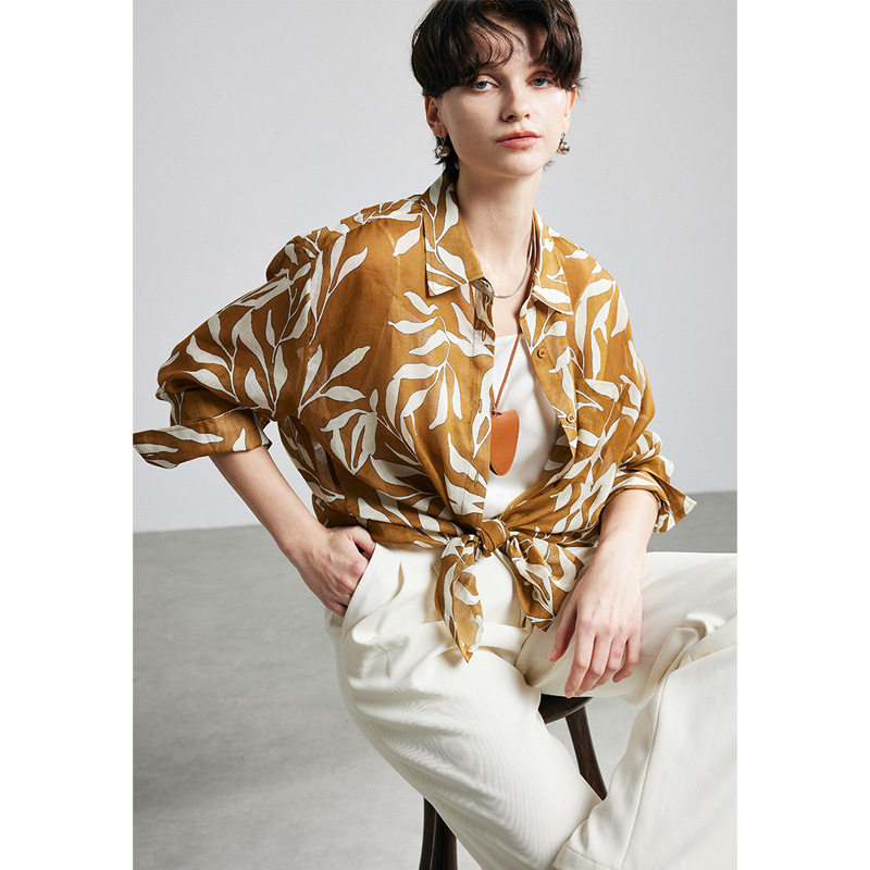 100%苎麻衬衫女2026年春款长袖印花通勤百搭松弛感麻料衬衣