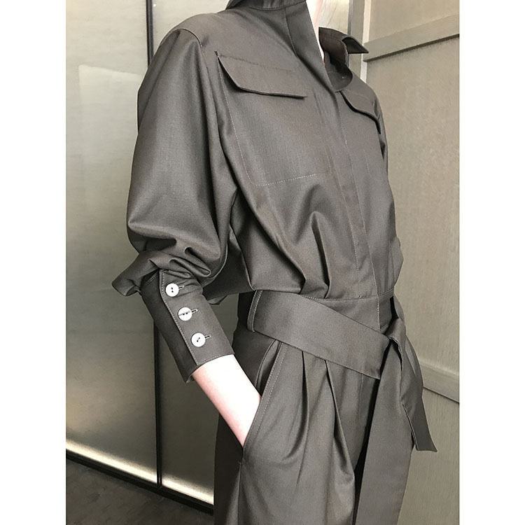立体口袋饰工装高腰宽松显瘦打褶时髦九分连身连体裤