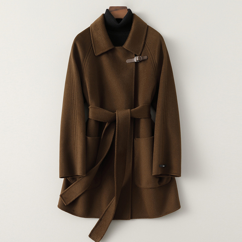 2025春秋新款双面呢羊毛大衣女短款感巧克力小个子毛呢大衣女