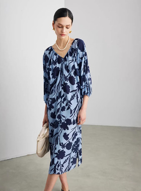 七分袖连衣裙女2026年款宽松V领印花双绉100桑蚕丝显瘦长款裙