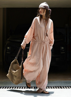 春秋新款巴黎松弛感收腰阔腿连体裤天丝垂顺透气长裤女