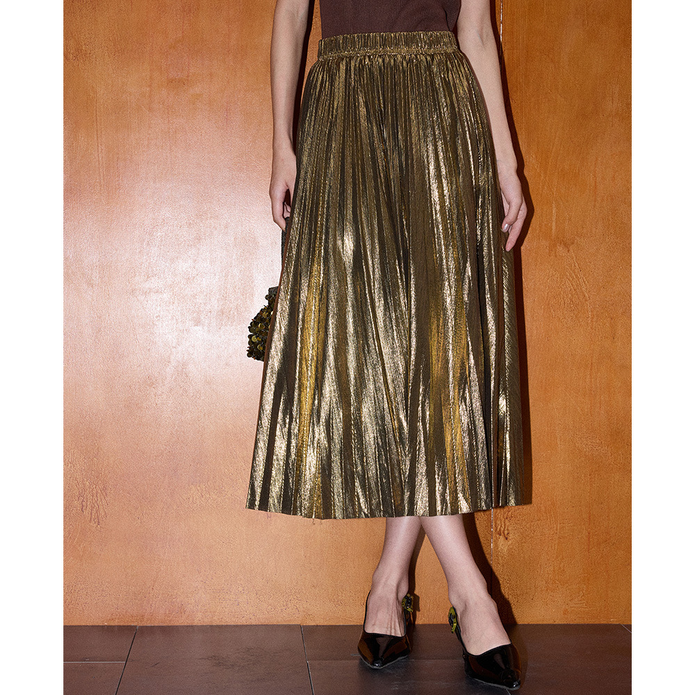 秋新品法式复古名媛感金属丝光百褶百搭a字半身裙