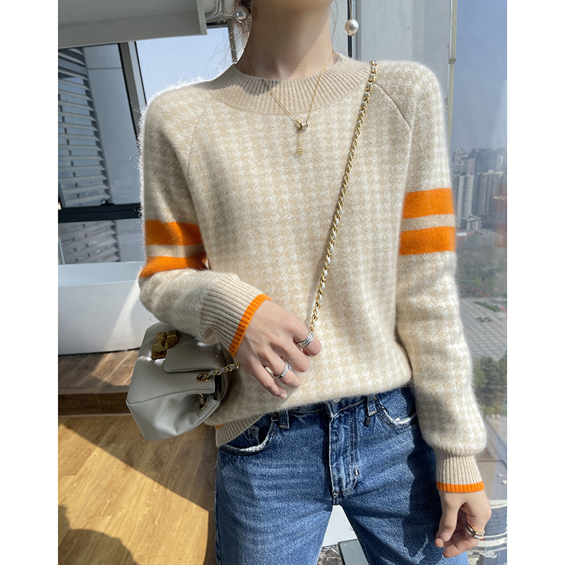 休闲山羊绒2025秋冬新款女毛衣花边袖千鸟格半高领针织打底衫内