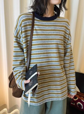 春季新款韩系复古时髦撞色圆领条纹廓形恤宽松舒适上衣女