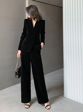 金丝绒时尚西服两件套气质秋洋气黑色小西装套装女