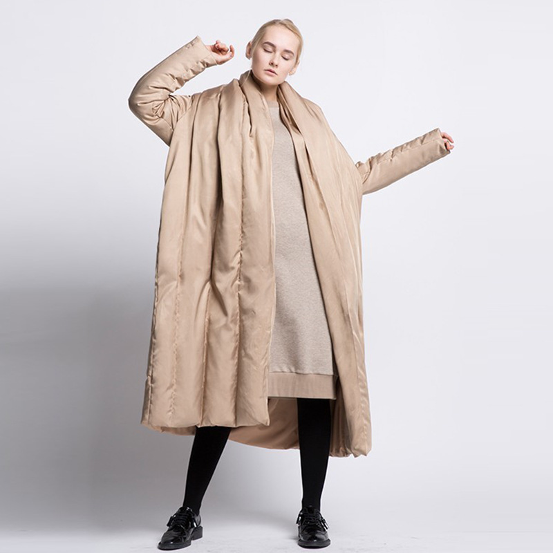 长款大码宽松加厚欧美风斗篷型外套羽绒服女
