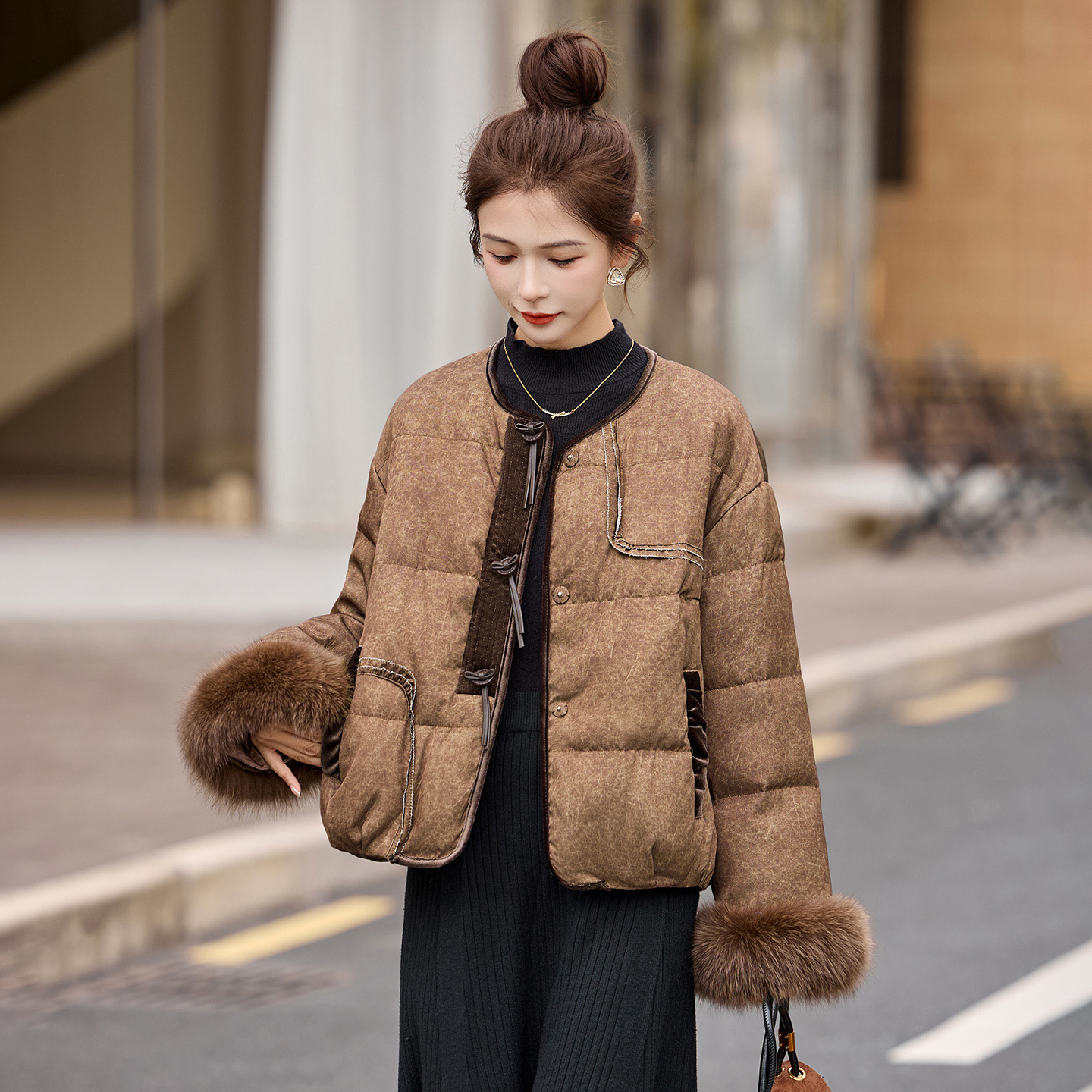 新中式可脱卸真狐狸毛袖口羽绒服女冬装新款时尚百搭国风气质外套