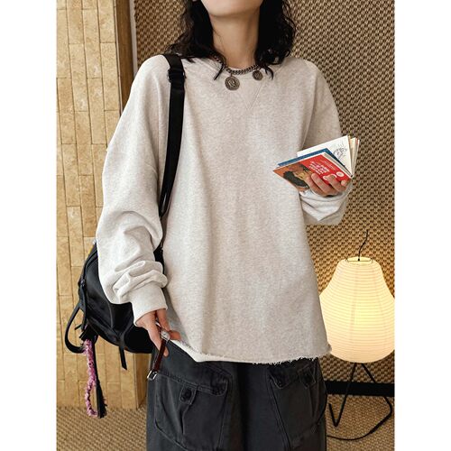 春款日系松弛感圆领落肩袖大版廓形卫衣下摆微卷边上衣女