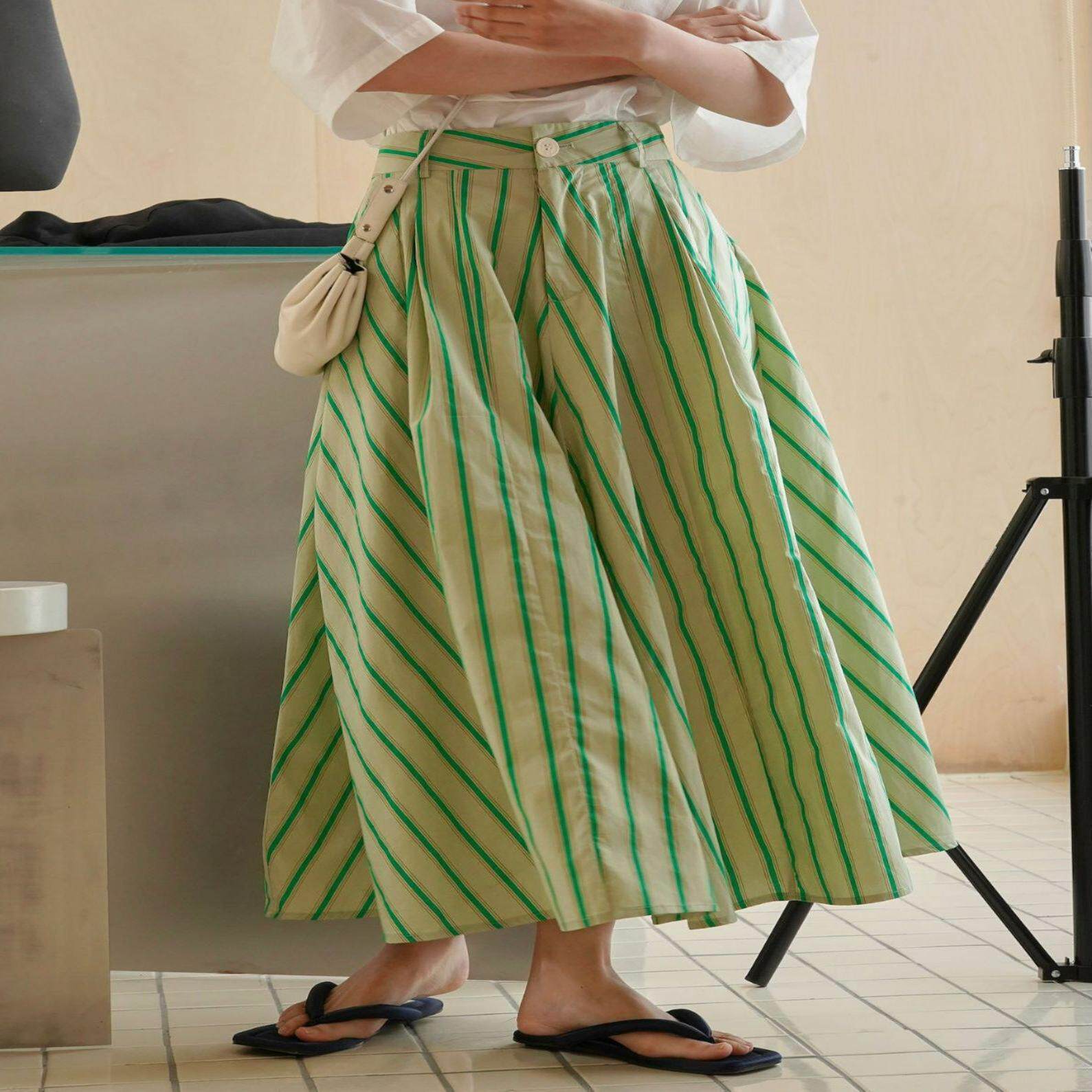 夏季新款韩版浪漫度假风撞色条纹半裙高腰显瘦A字长款伞裙女