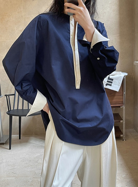 春款复古文艺撞色拼接设计圆领插肩袖衬衫宽松显瘦休闲上衣女