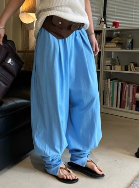 春季新款巴黎复古慵懒感松紧腰纽扣脚踝羊腿裤针织休闲长裤女