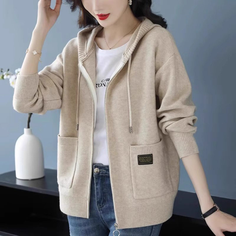 连帽毛衣外套女宽松拉链针织开衫毛针织衫