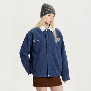 美式复古休闲拼色风灯芯绒翻领夹克男女宽松撞色老钱风外套37