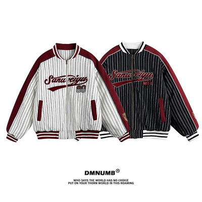美式复古风条纹撞色棒球服棉衣