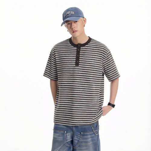 美式复古亨利领条纹短袖T恤
