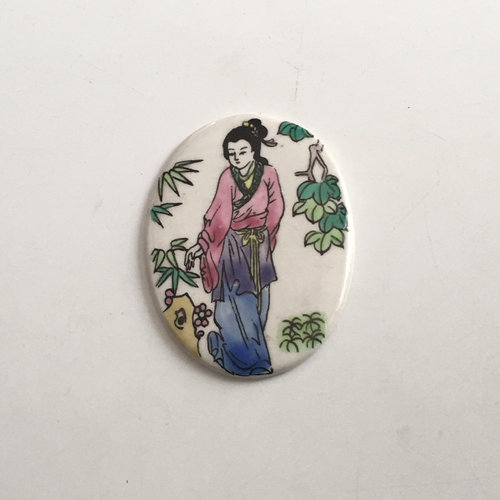 （01c椭圆形）八十年代釉下彩手绘仕女老瓷片画1个库存旧藏收藏