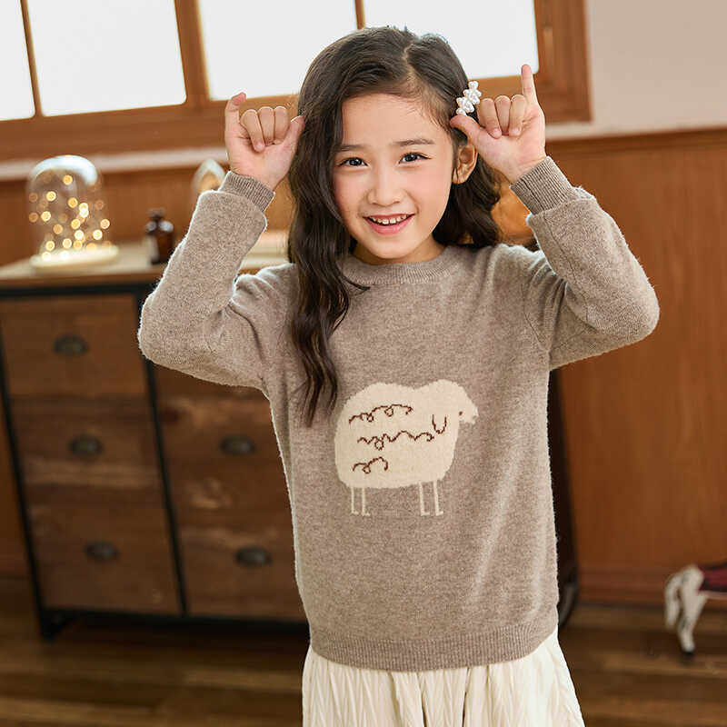 新款儿童羊绒衫女童套头毛衣宝宝卡通小绵羊图案纯羊毛男童打底衫