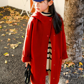 女童双面羊绒大衣韩版 连帽宽松呢子外套100%纯羊毛女大童毛呢大衣