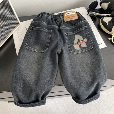 一体绒男童牛仔裤冬季弹力直筒裤