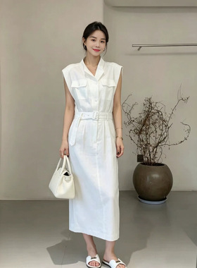 轻奢无袖亚麻衬衫连衣裙女白色收腰中长工装裙气质高级感显瘦穿搭